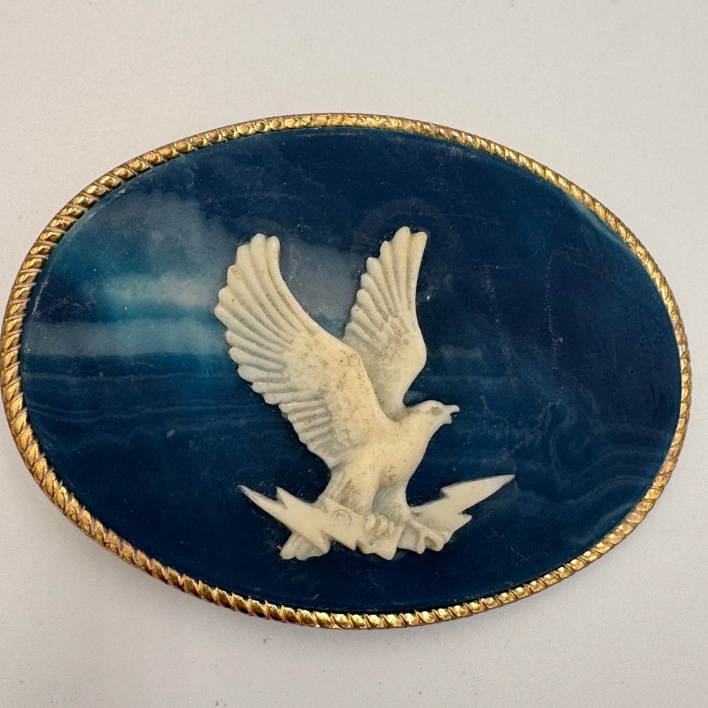 Incolay Stone Eagle Belt Buckle Blue White Marbled Handcrafted USA Vintage Oval